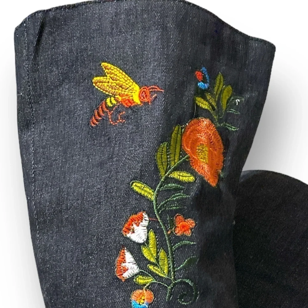 Vintage Denim Over the Knee Slouchy Boot Embroidered Butterflies Point Toe Size7